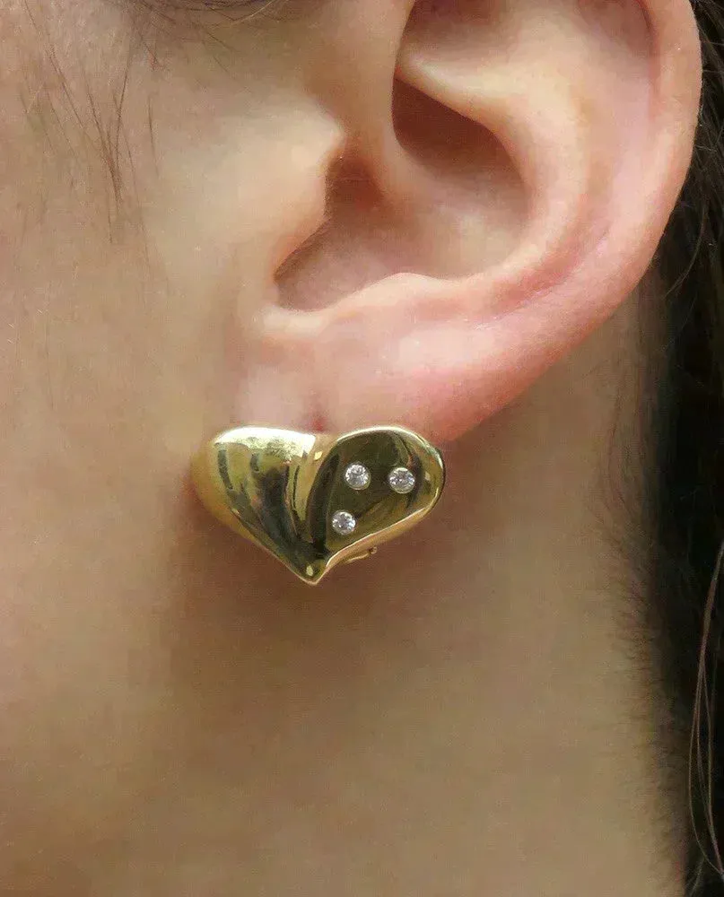 Stunning 14k Yellow Gold & Diamond Omega Back Stud Heart Earrings