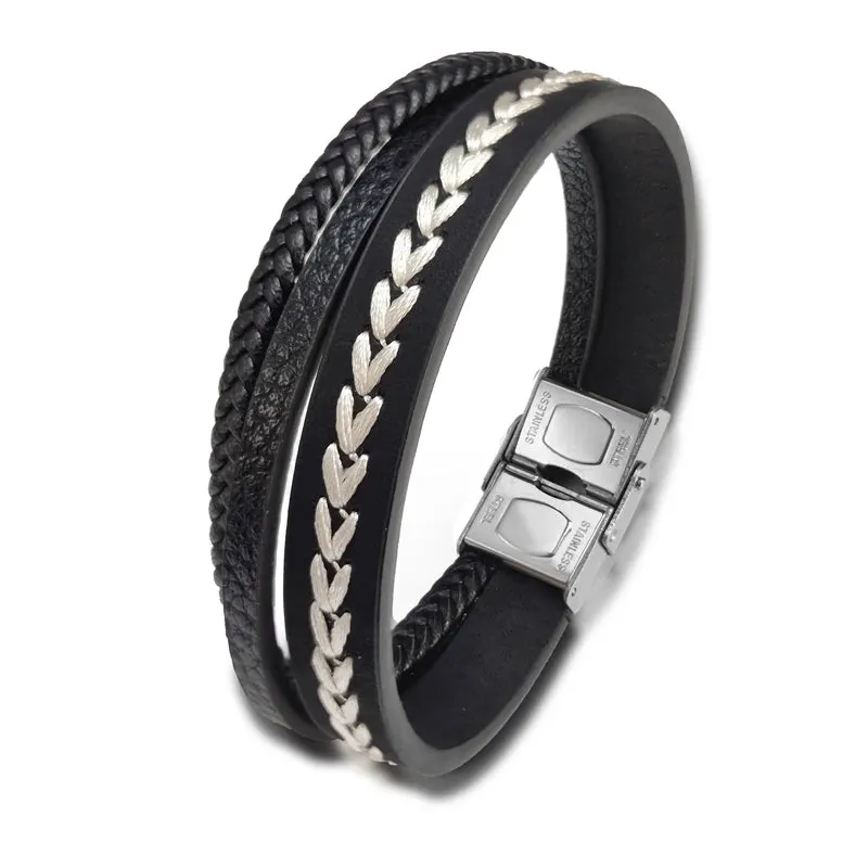 Style Brown Multilayer Man Bracelet Braided Rope Stainless Steel