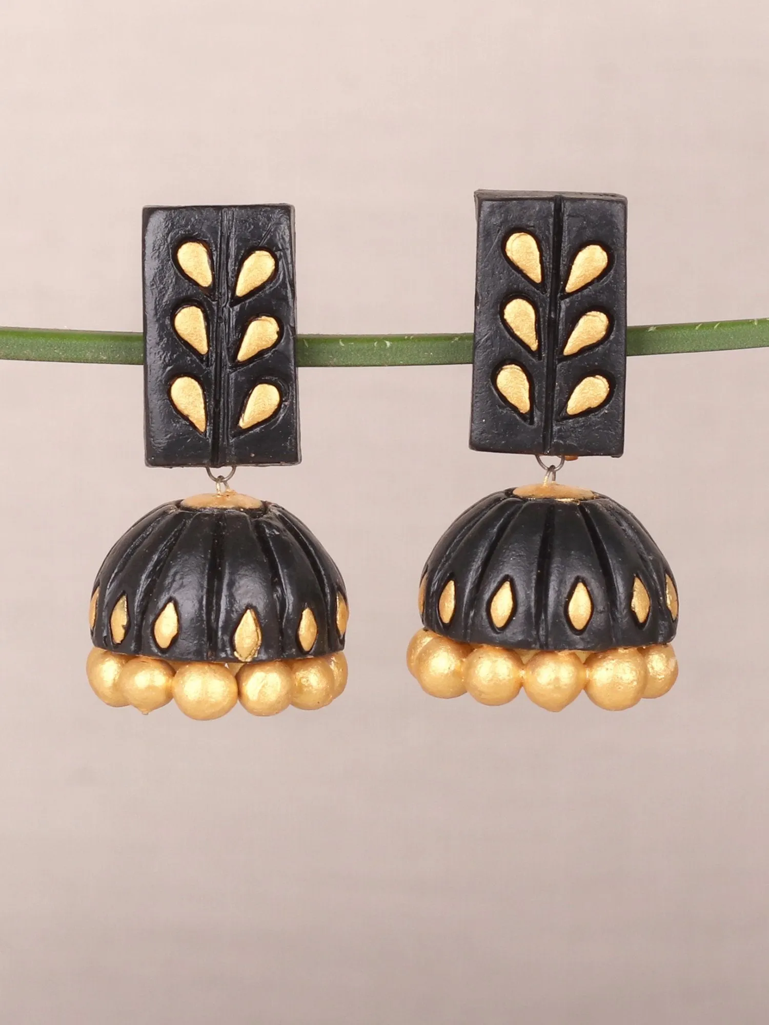 Stylish Black Elongated Dome Shaped Terracotta Earrings