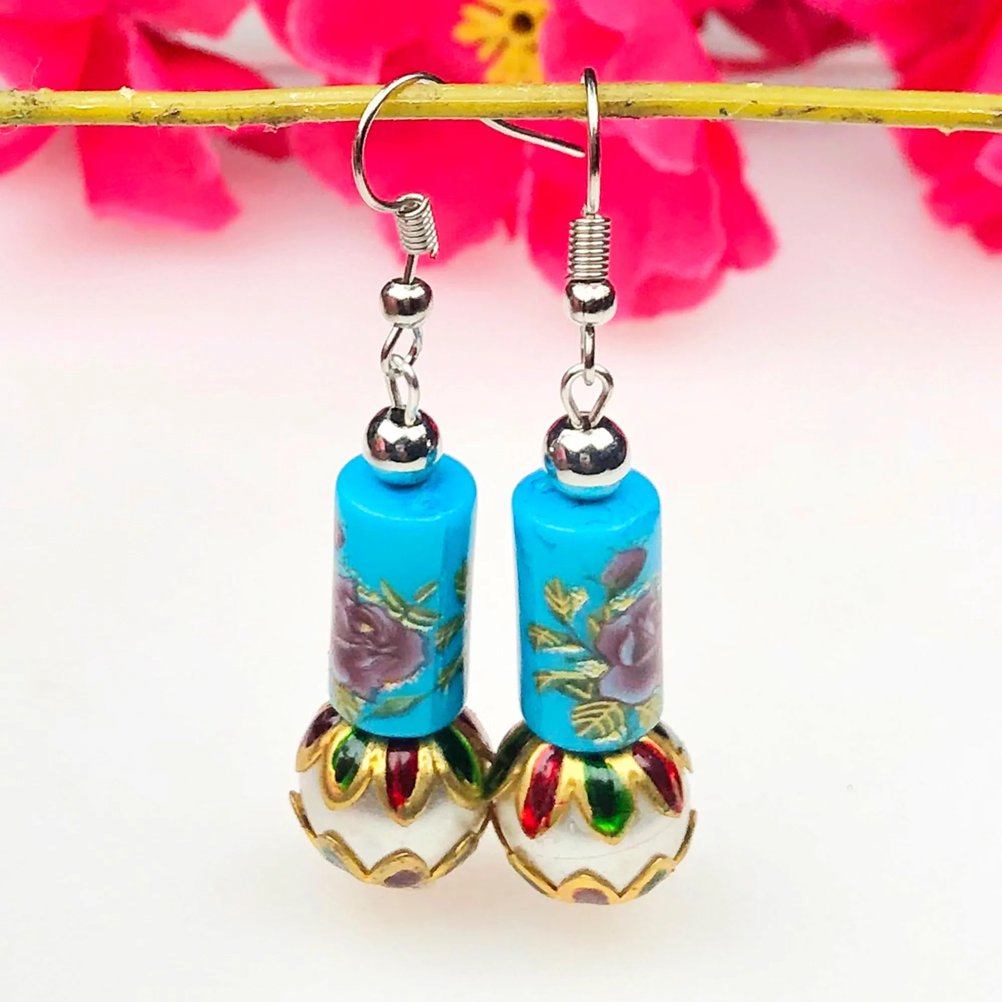 Stylish Blue and Pink Decorative Tensha Beads Dangle Earrings for Women and Girls