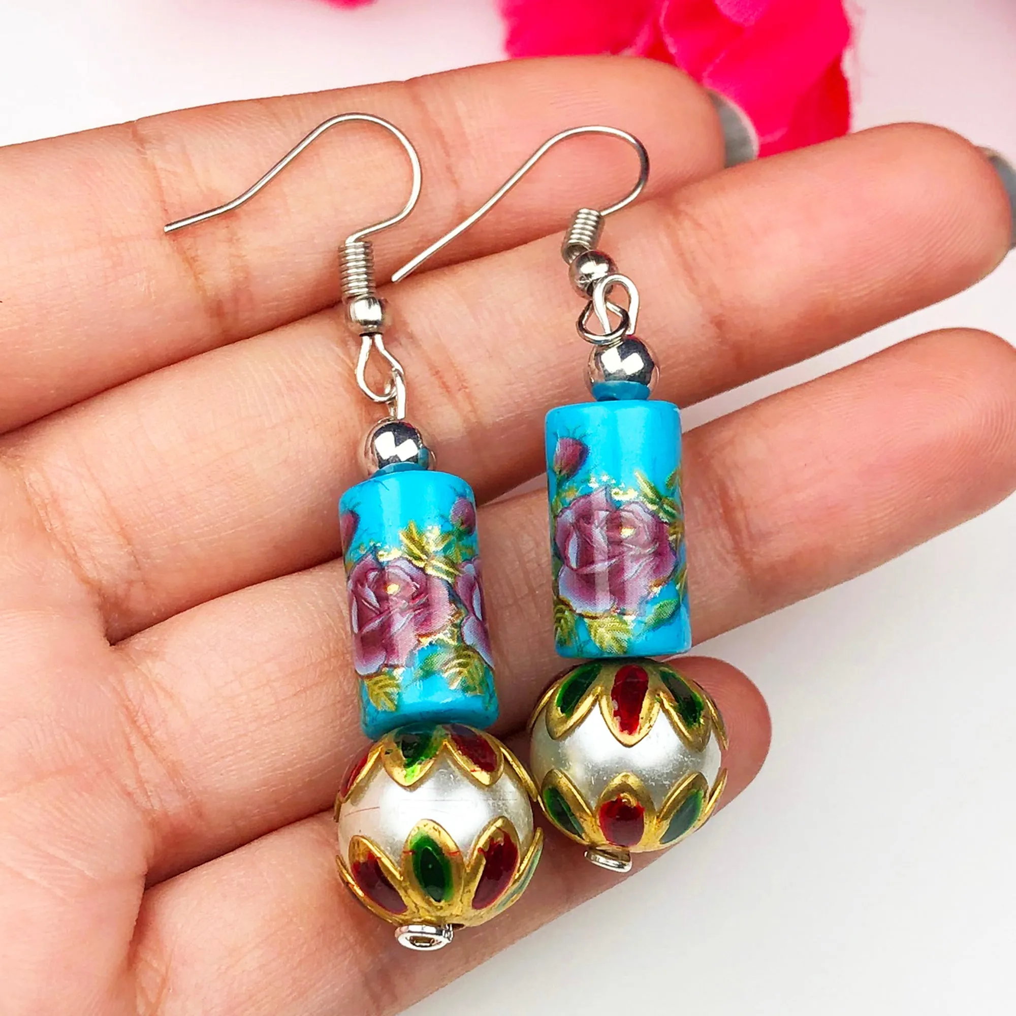 Stylish Blue and Pink Decorative Tensha Beads Dangle Earrings for Women and Girls