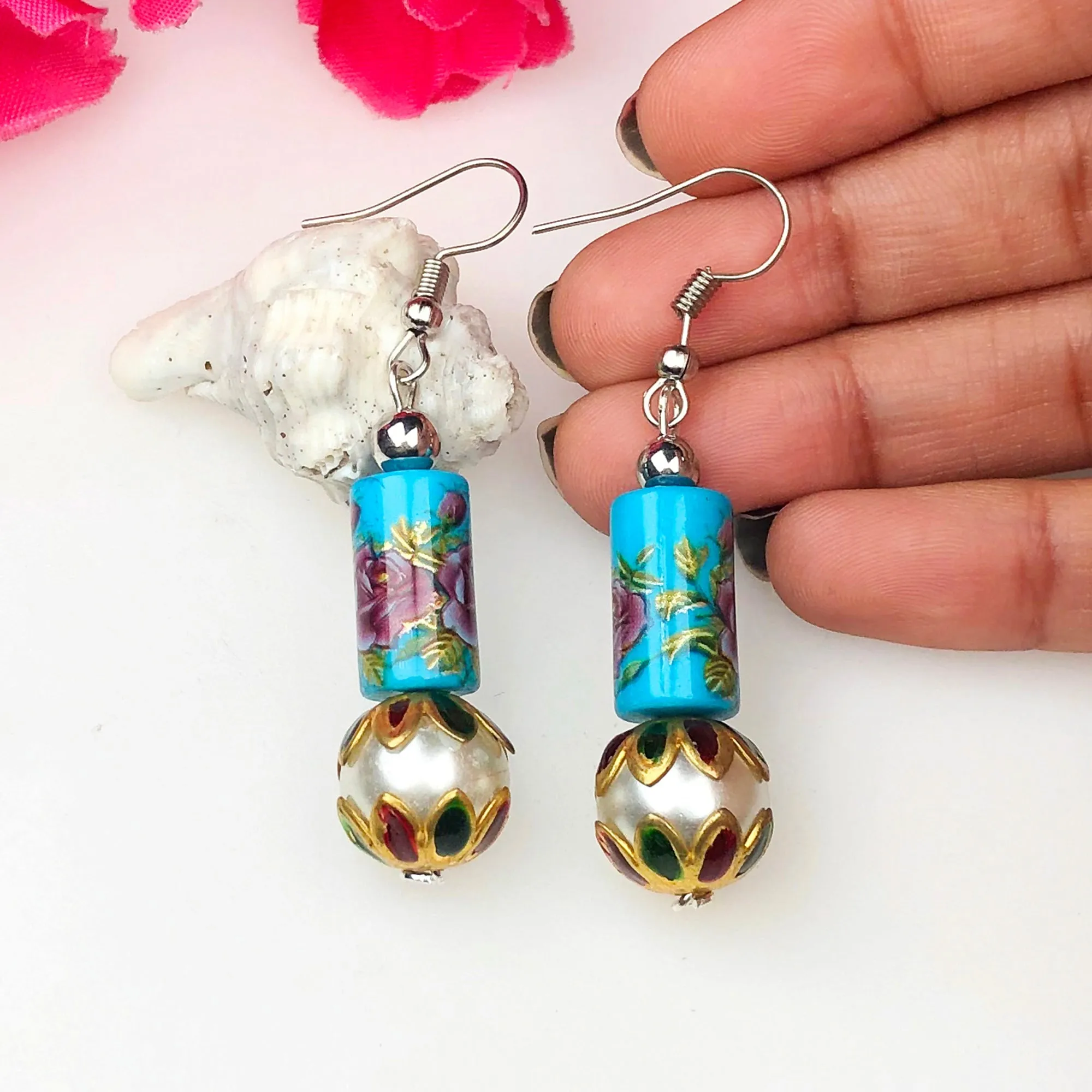 Stylish Blue and Pink Decorative Tensha Beads Dangle Earrings for Women and Girls