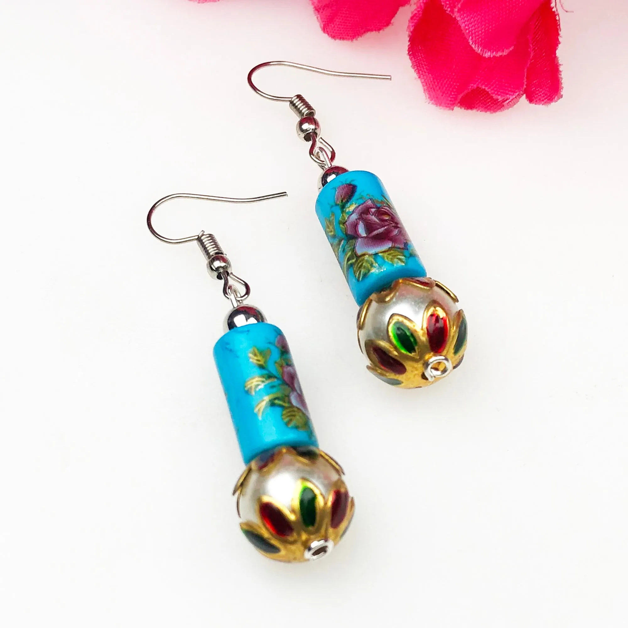 Stylish Blue and Pink Decorative Tensha Beads Dangle Earrings for Women and Girls