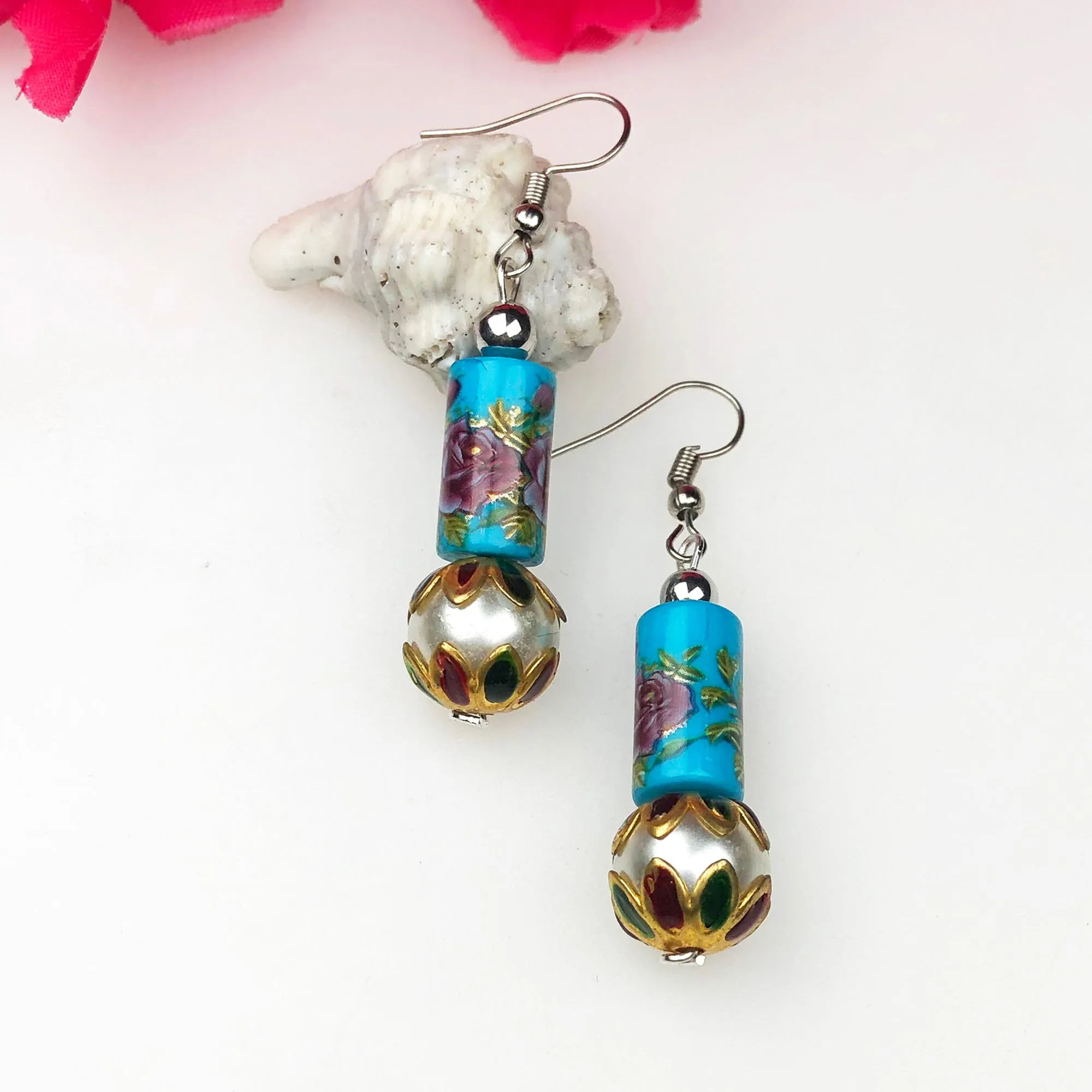 Stylish Blue and Pink Decorative Tensha Beads Dangle Earrings for Women and Girls