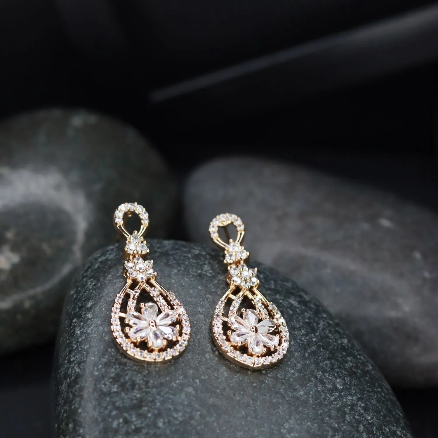 Stylish Latest Fashion Rose Gold Plated & White AD Drop Earrings for Women