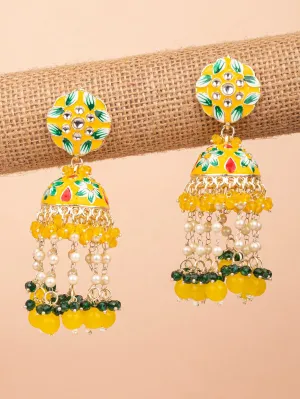 Stylish Party Wear Yellow Meenakari Jhumkas for Haldi Mehndi