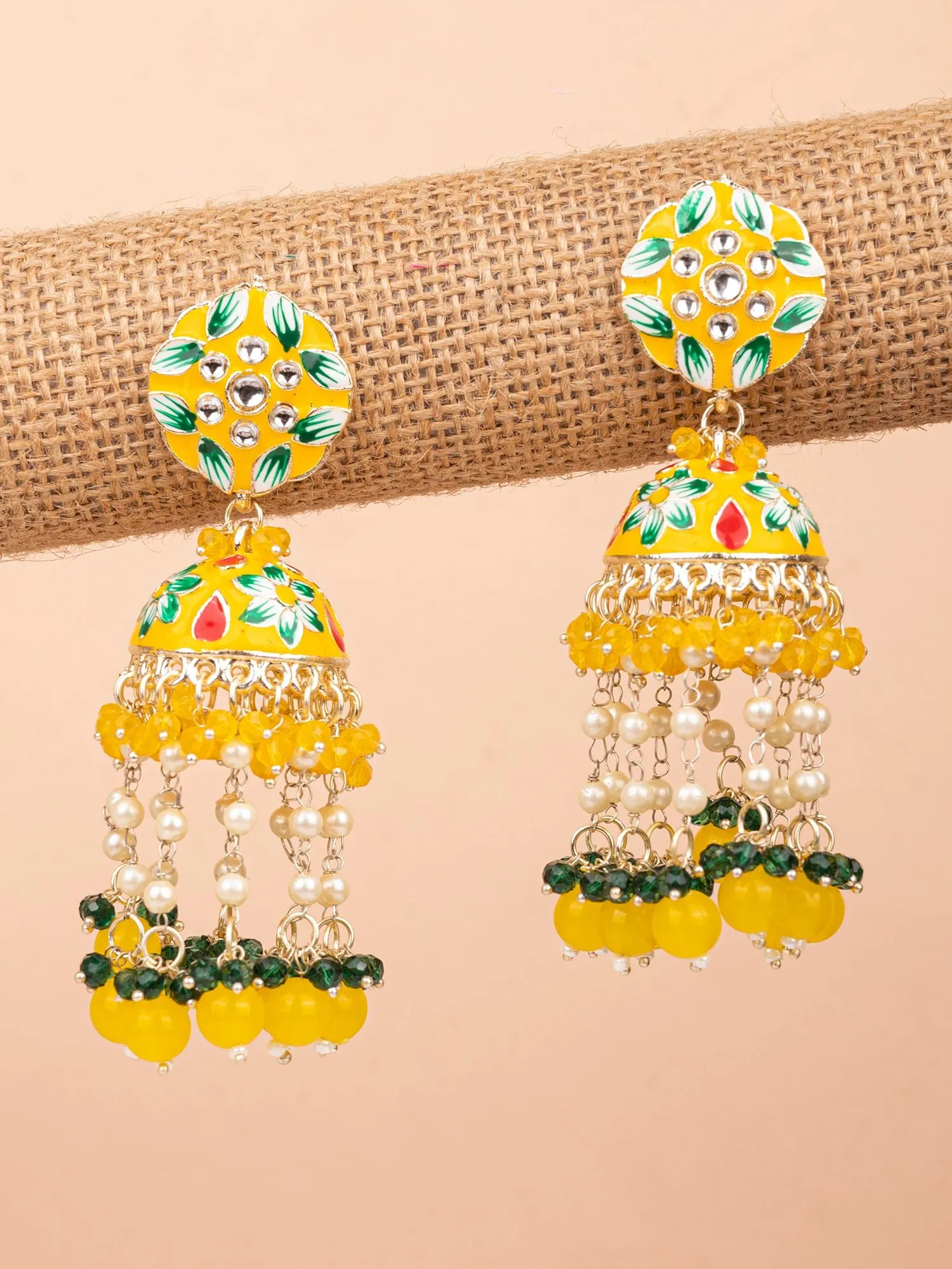 Stylish Party Wear Yellow Meenakari Jhumkas for Haldi Mehndi