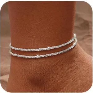 Tasiso Gold/Silver Ankle Bracelets for Women,14K Gold Anklets for Women Waterproof Sparkly Chain Rhinestone Anklets Set Stackable Layered Anklet Bracelets for Women Beach Gold Jewelry Gift