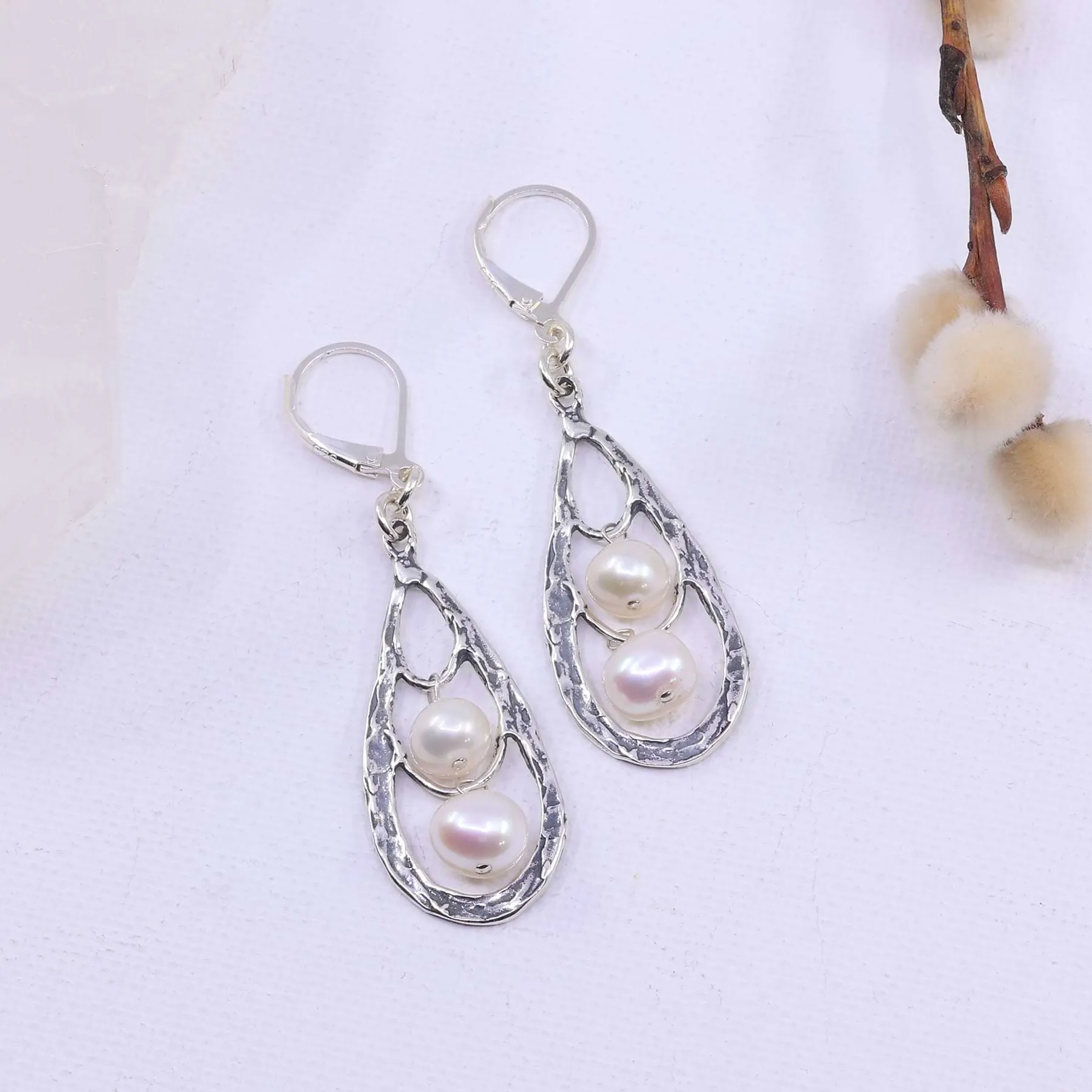 Tomboy - Rustic Sterling Silver Pearl Drop Earrings