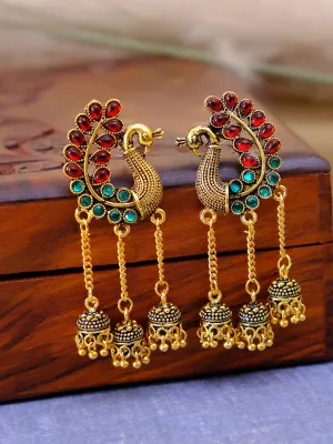 Traditional Gold-Plated Kundan Peacock Pearl Jhumka Earrings for Women and Girls