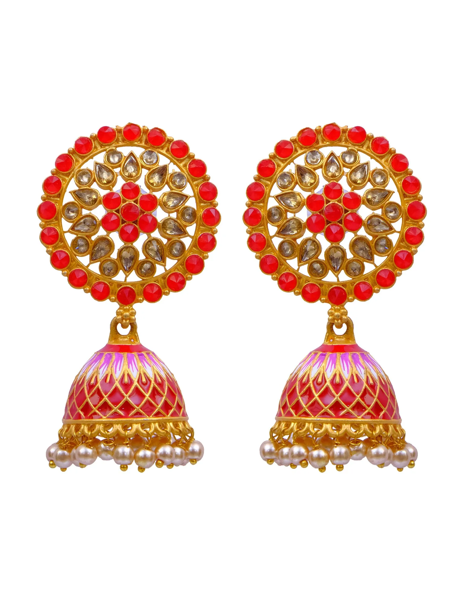 Traditional Gold Plated Red Floral Kundan Earrings for Women - Royal Gold Stone Earrings