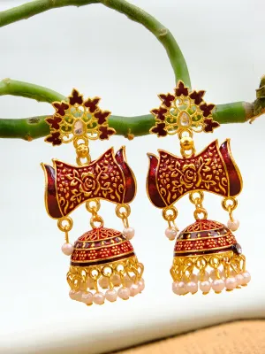Traditional Long Dangler Earrings in Gold - Maroon for Maroon Saree Jewellery