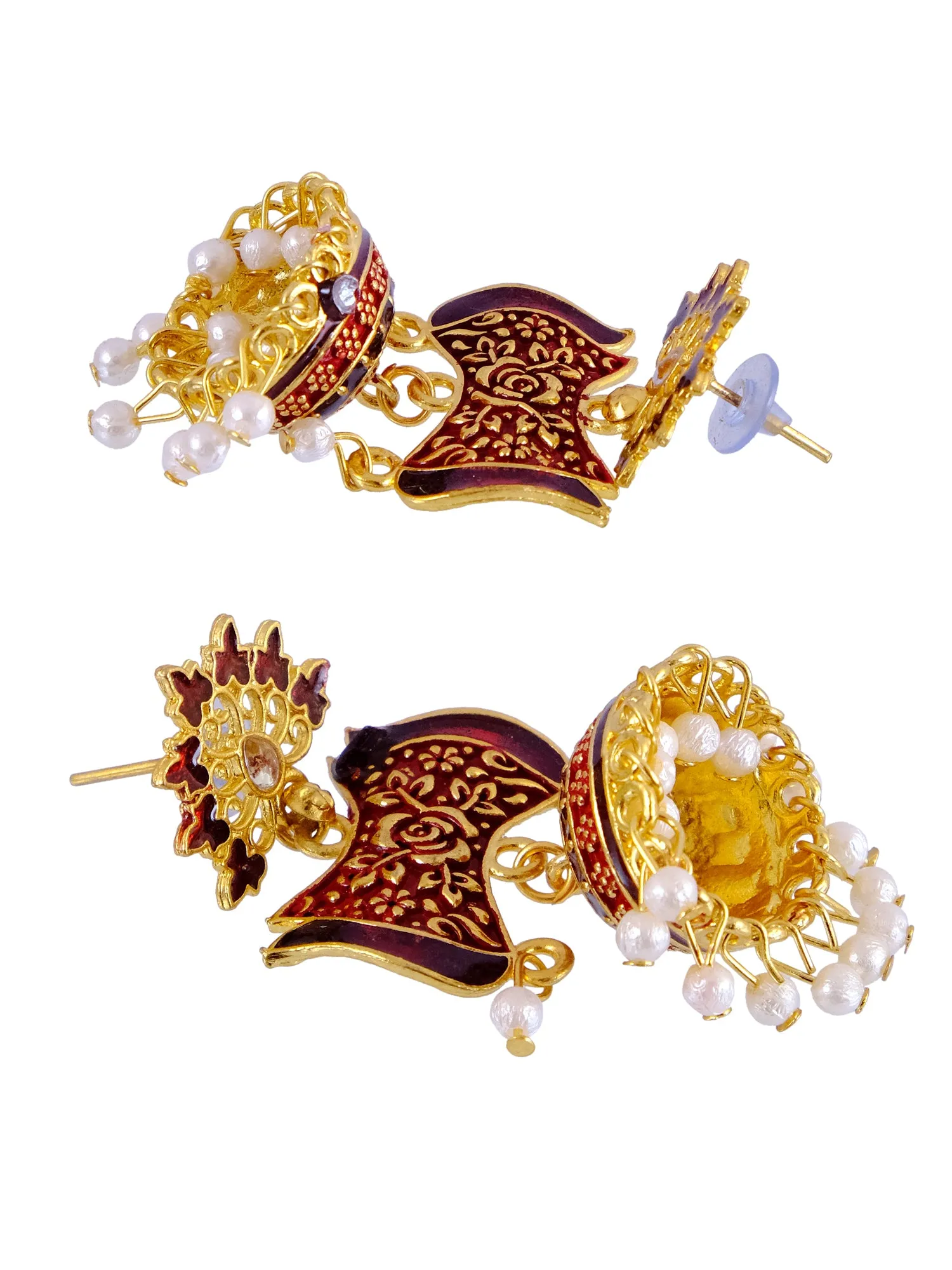 Traditional Long Dangler Earrings in Gold - Maroon for Maroon Saree Jewellery