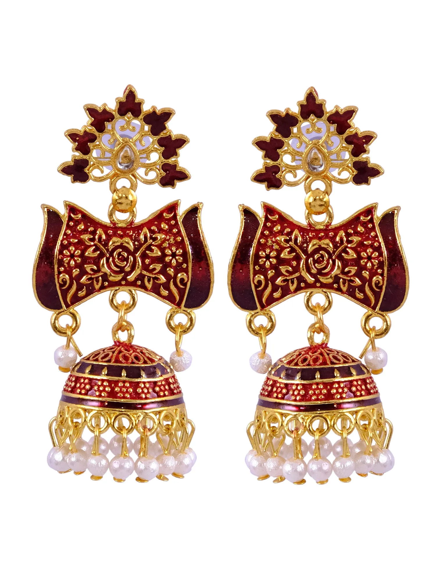 Traditional Long Dangler Earrings in Gold - Maroon for Maroon Saree Jewellery