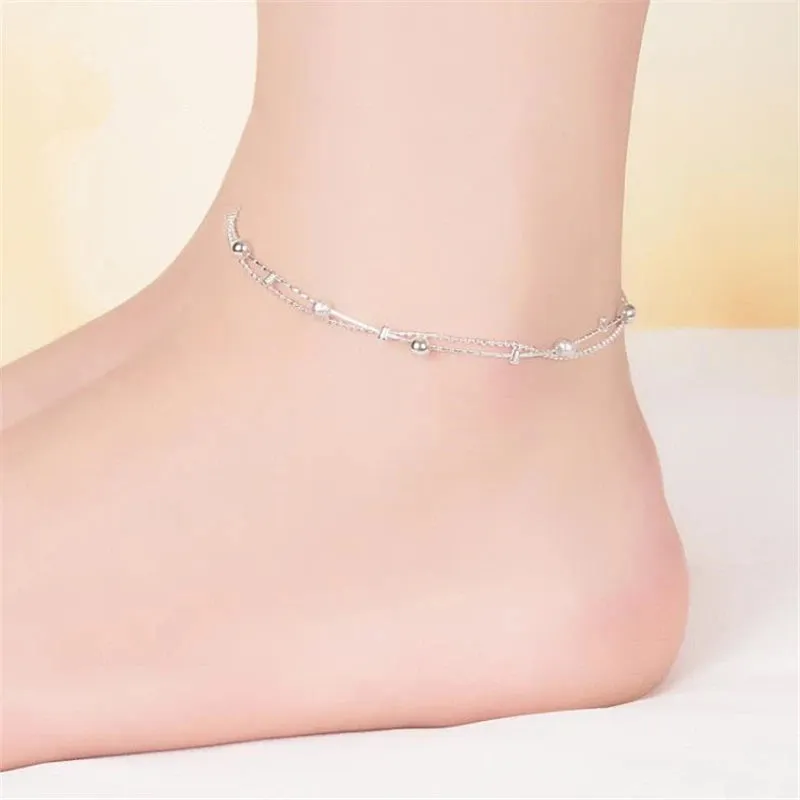 Trendy Simple Double Layer Sterling Silver Anklets