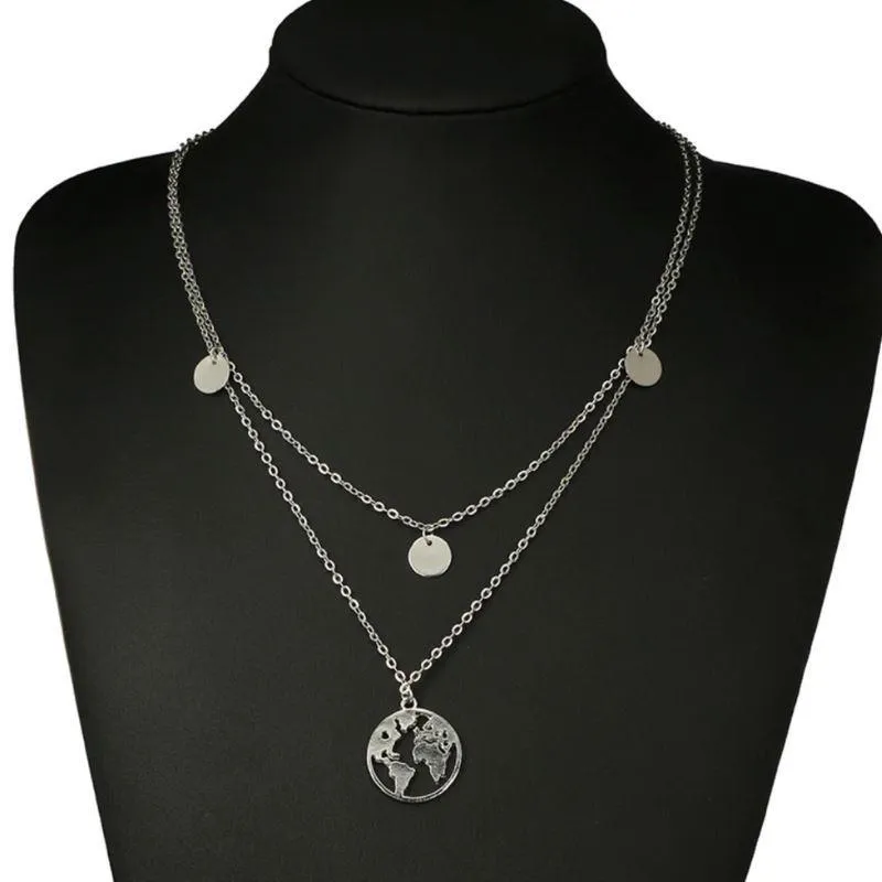 Trendy World Map Necklace with 2 Layer Design and Adjustable Lengths