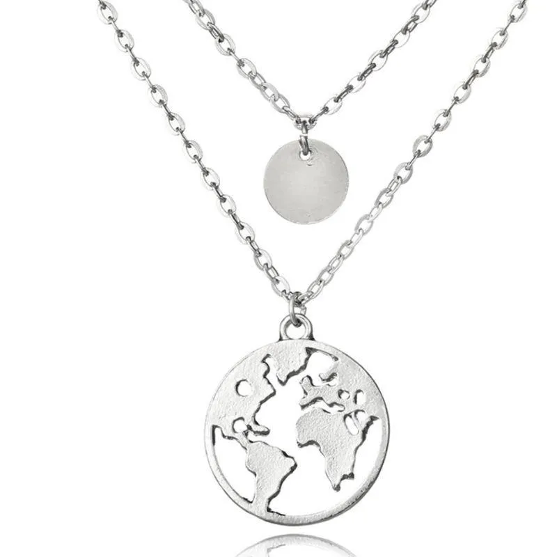 Trendy World Map Necklace with 2 Layer Design and Adjustable Lengths