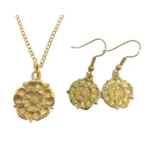 Tudor Rose English Royalty Monarchy Renaissance Costume Pendant Necklace and Earrings Set
