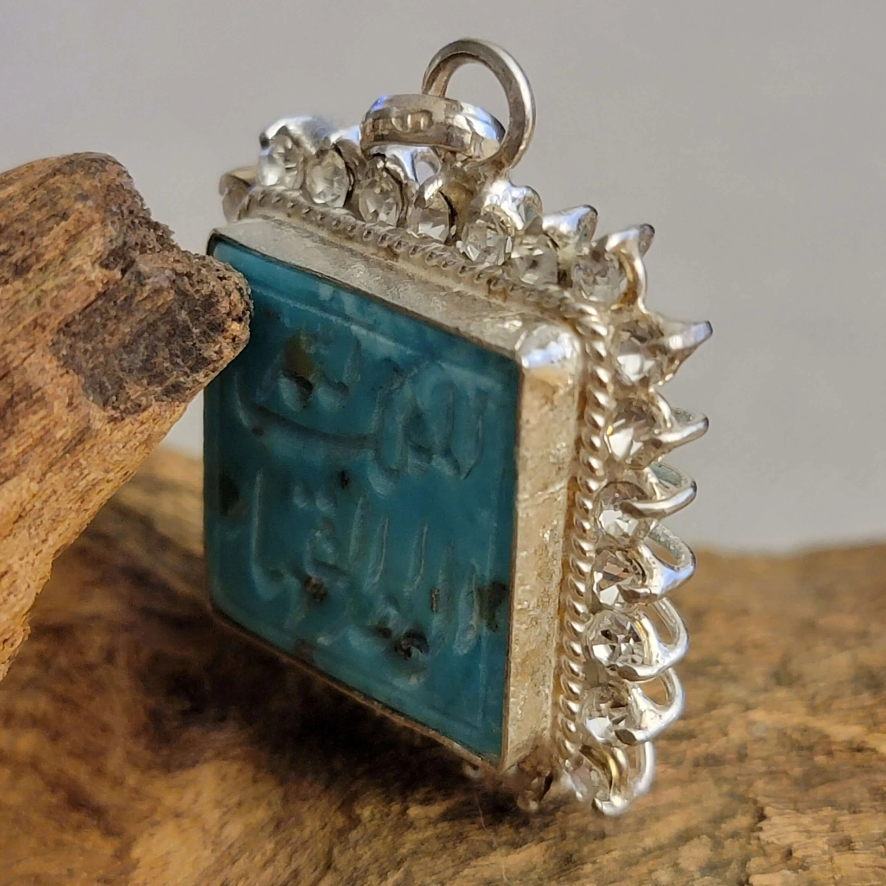 Turquoise (Feroza) Zirconia Sterling Silver Pendant - Engraved