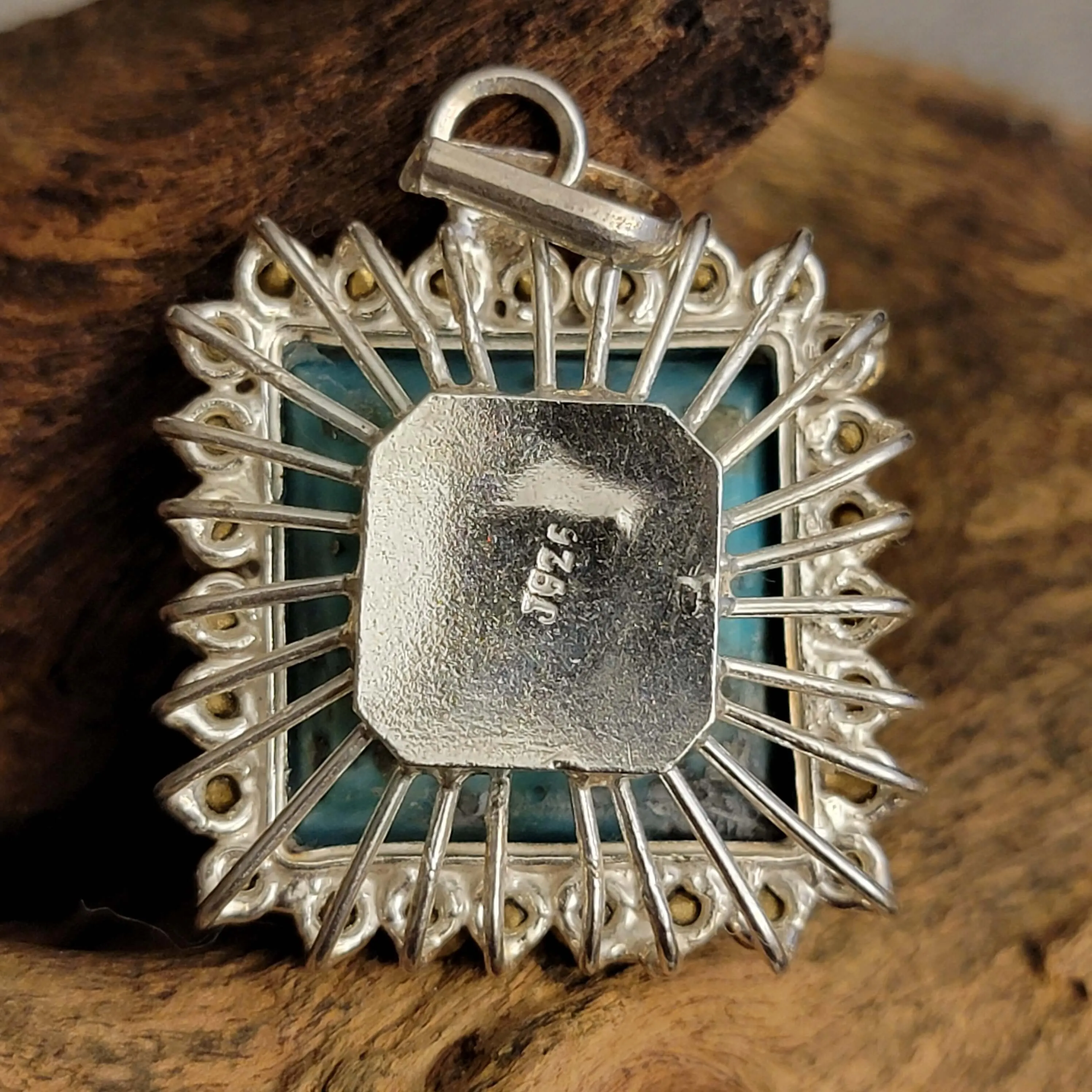 Turquoise (Feroza) Zirconia Sterling Silver Pendant - Engraved