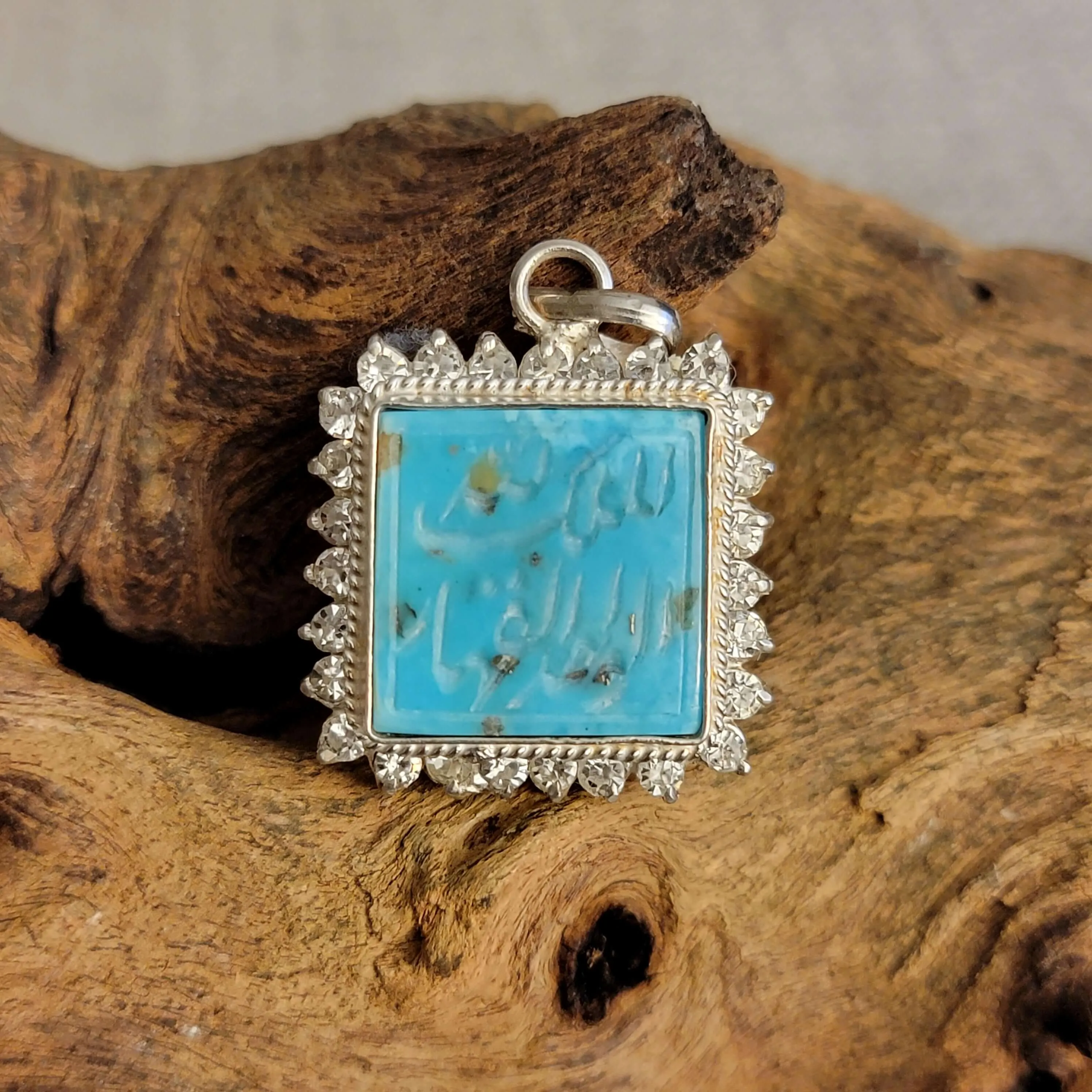 Turquoise (Feroza) Zirconia Sterling Silver Pendant - Engraved