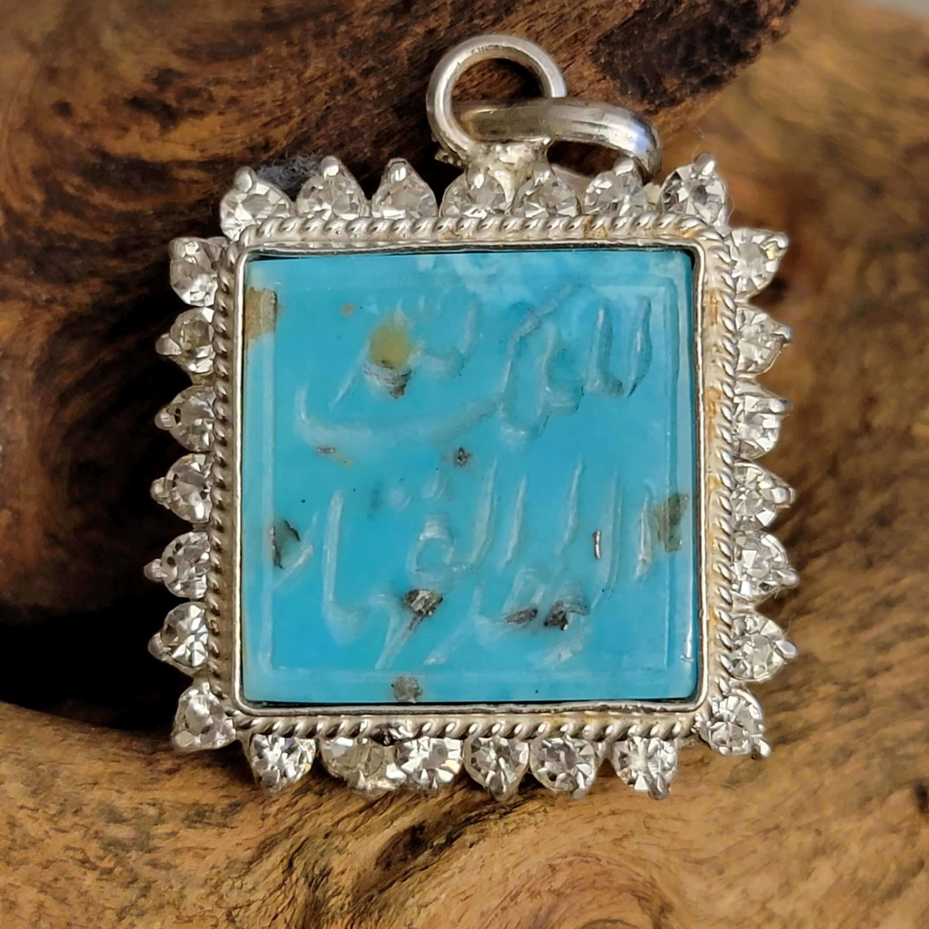Turquoise (Feroza) Zirconia Sterling Silver Pendant - Engraved