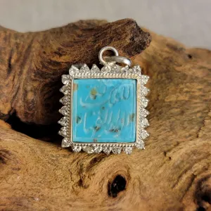 Turquoise (Feroza) Zirconia Sterling Silver Pendant - Engraved