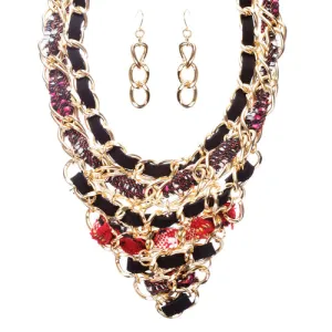 Unique Fashion Trendy Leatherette Braided Bib Design Statement Necklace Set Red