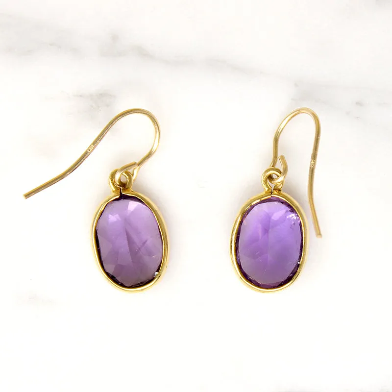 Vibrant Amethyst in Gold Bezel Drop Earrings