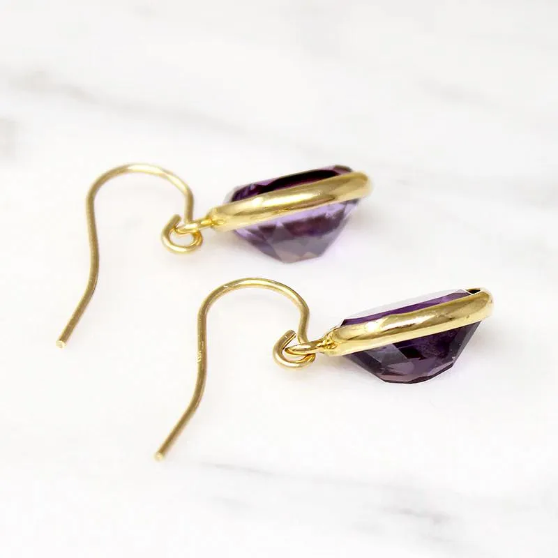 Vibrant Amethyst in Gold Bezel Drop Earrings