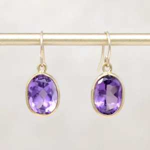 Vibrant Amethyst in Gold Bezel Drop Earrings