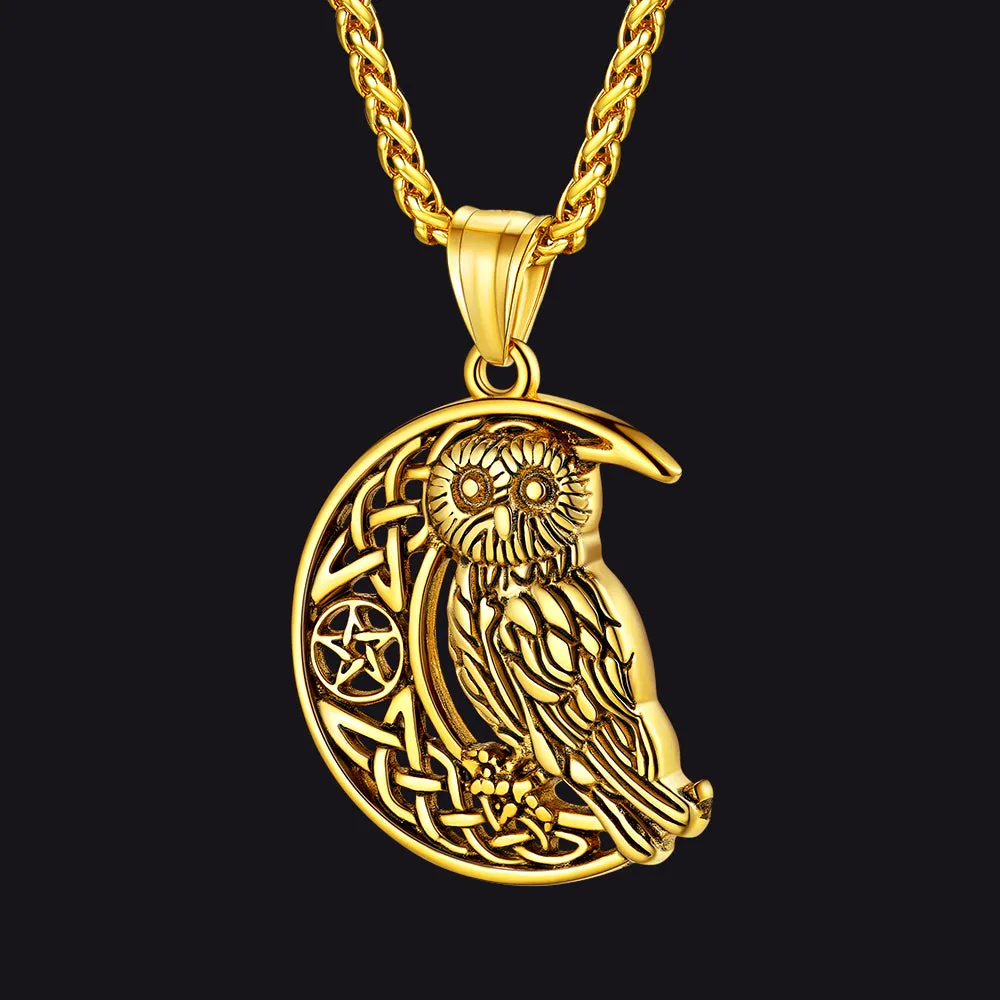 Viking Celtic Crescent Moon Owl Necklace for Men