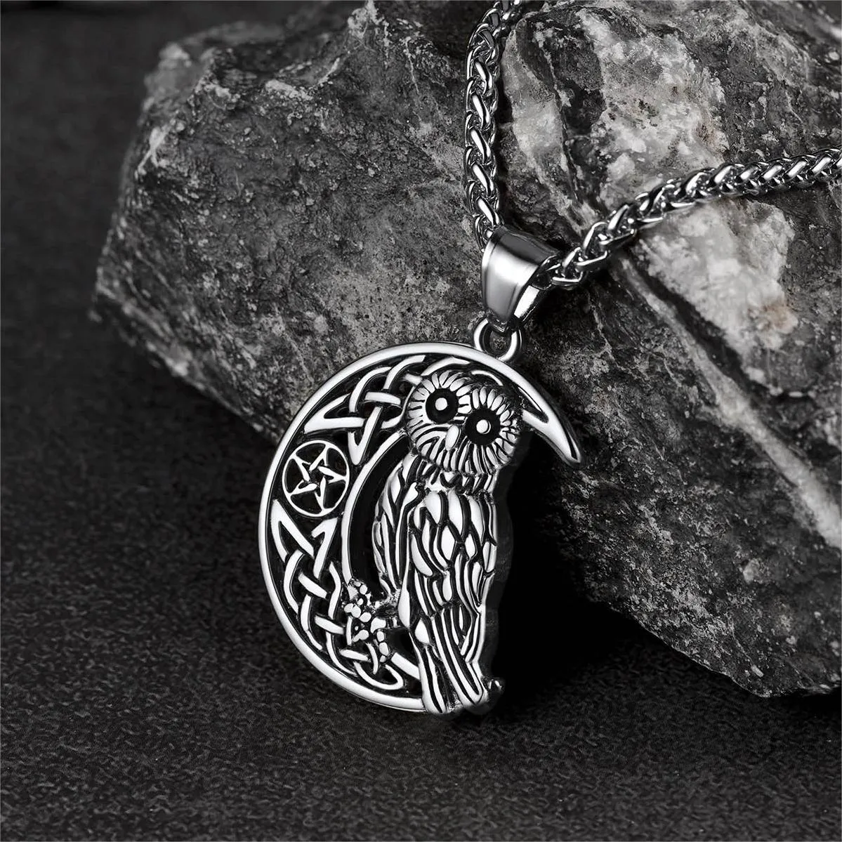 Viking Celtic Crescent Moon Owl Necklace for Men