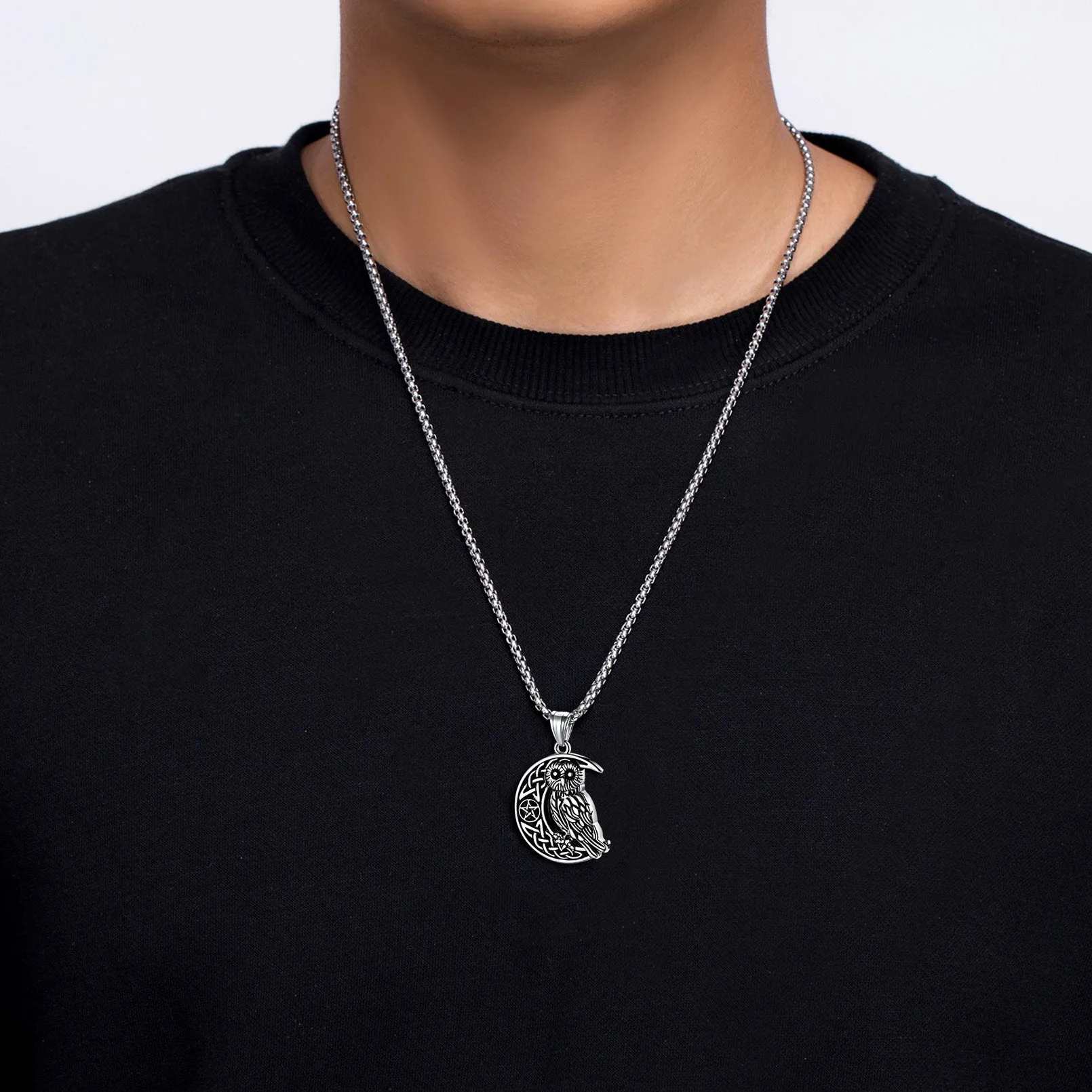 Viking Celtic Crescent Moon Owl Necklace for Men