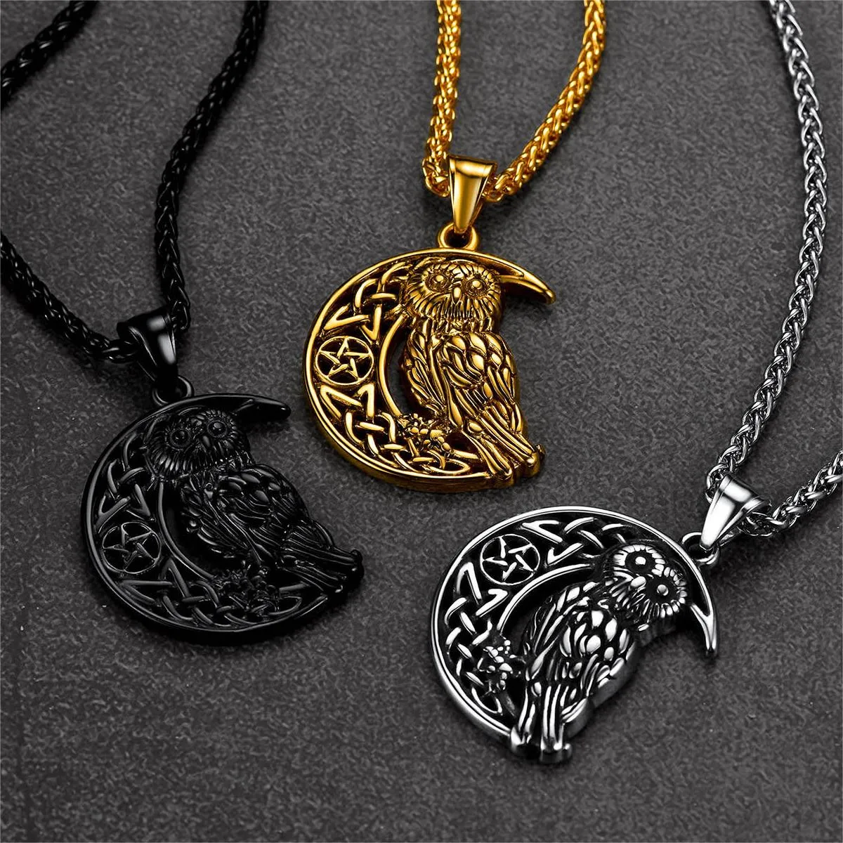 Viking Celtic Crescent Moon Owl Necklace for Men