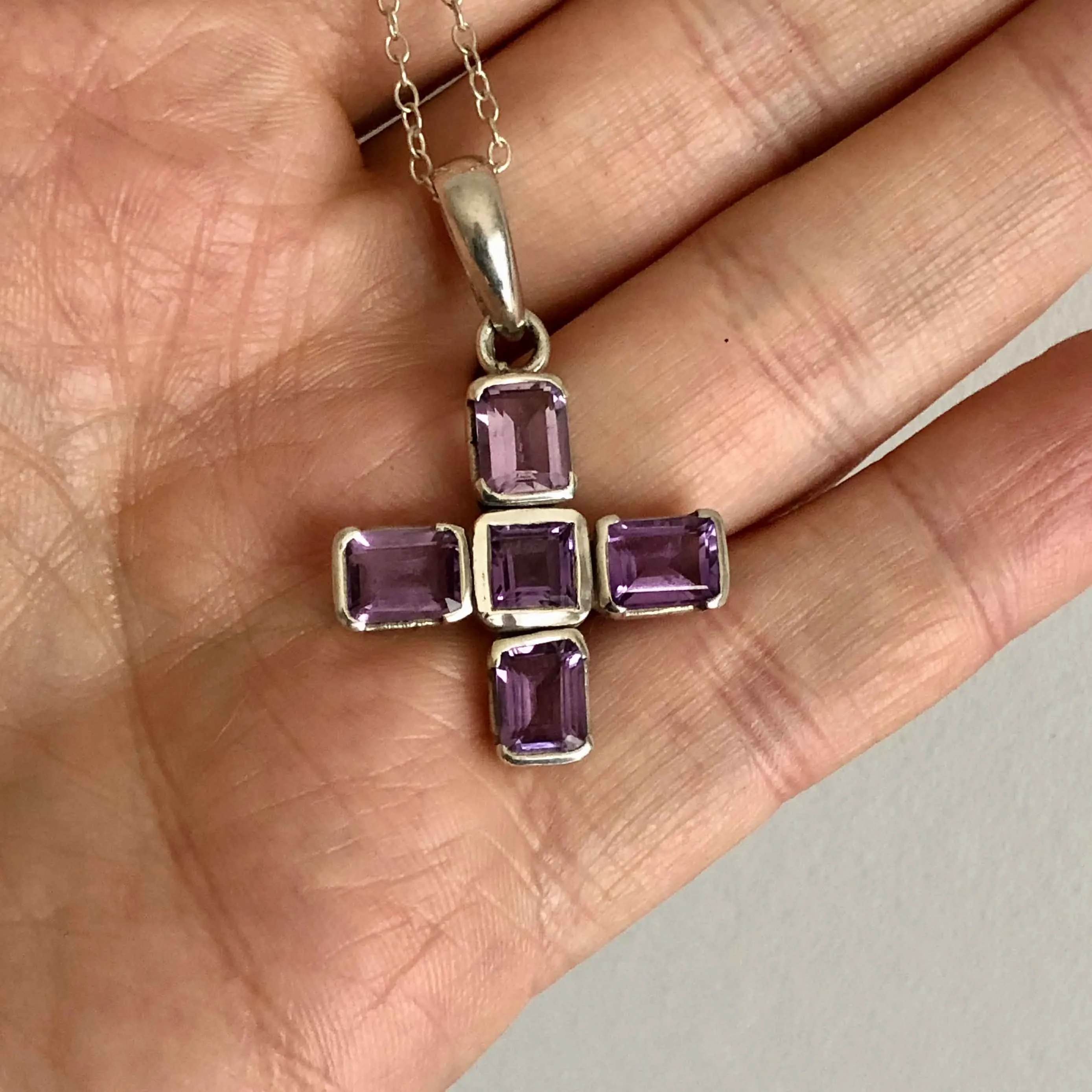 Vintage Amethyst Silver Greek Cross with Chain