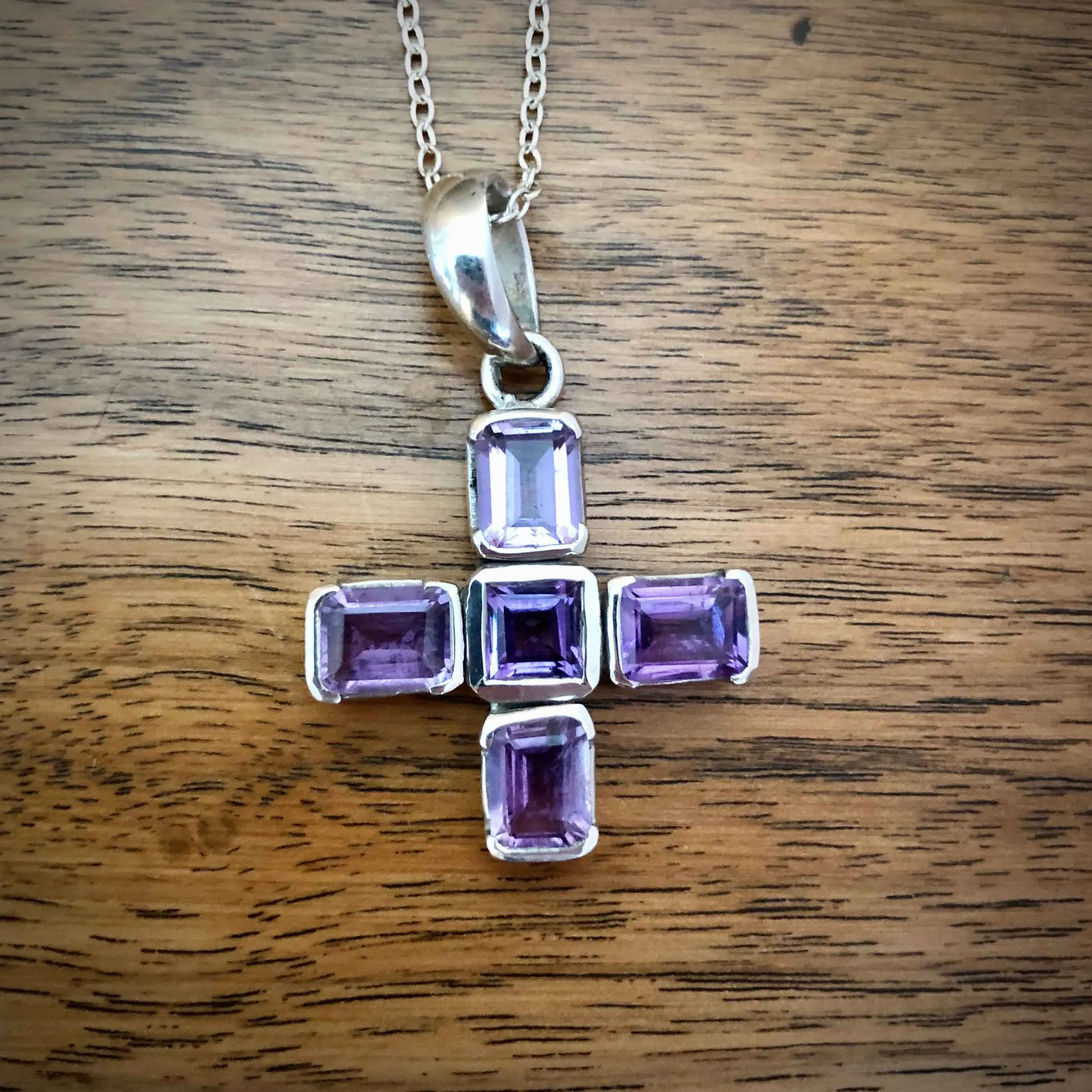 Vintage Amethyst Silver Greek Cross with Chain