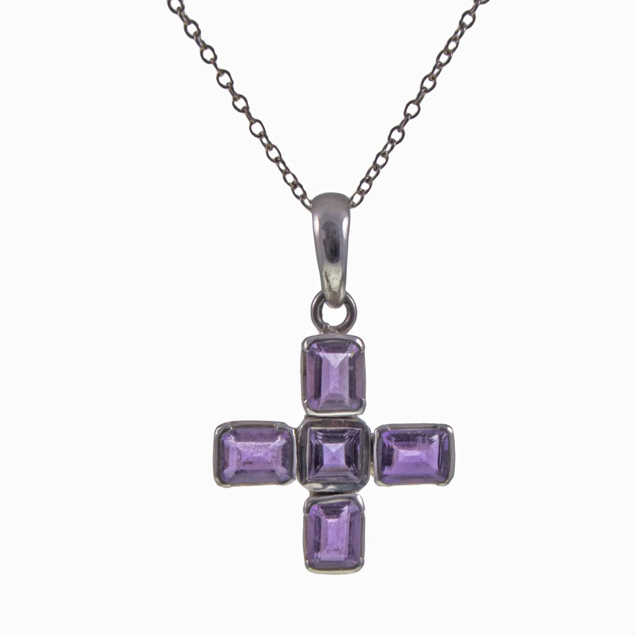 Vintage Amethyst Silver Greek Cross with Chain