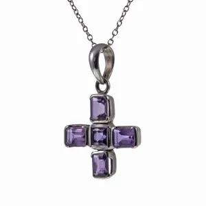 Vintage Amethyst Silver Greek Cross with Chain