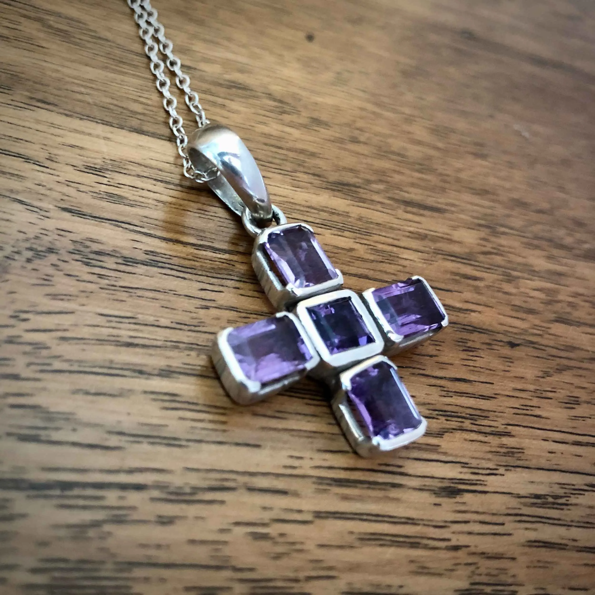 Vintage Amethyst Silver Greek Cross with Chain