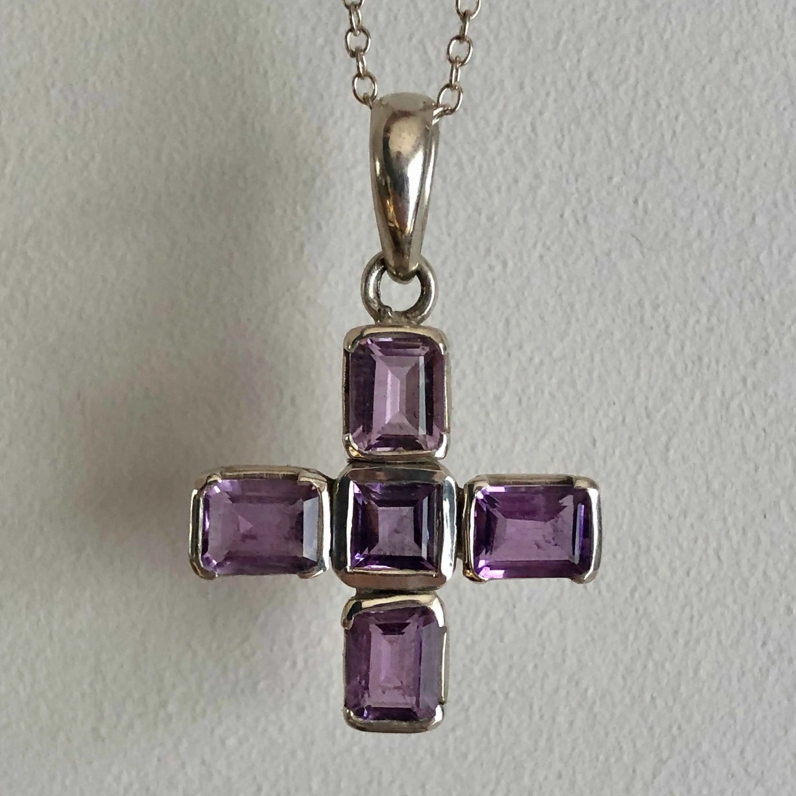 Vintage Amethyst Silver Greek Cross with Chain