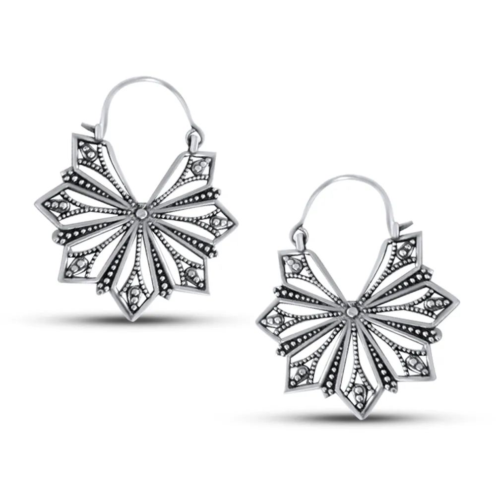 Vintage Geometric Beaded Flower Drop Hoop Earrings