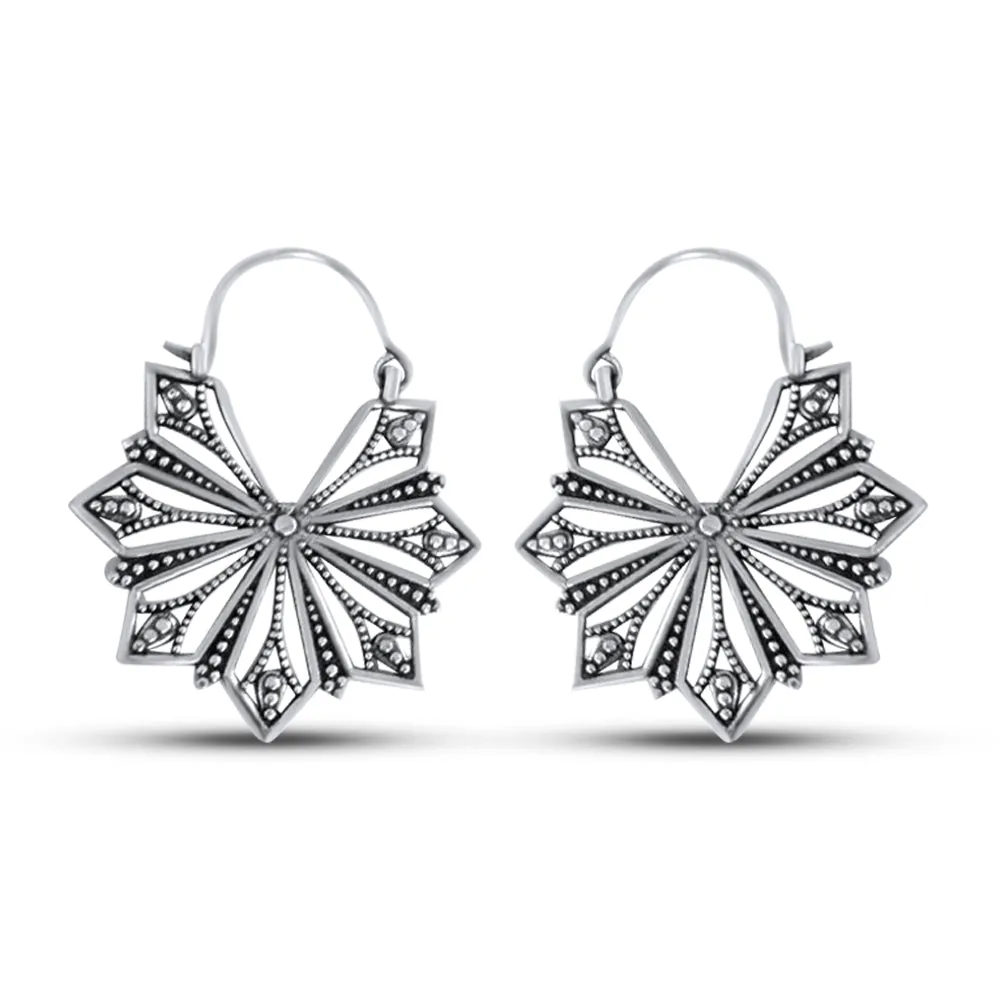 Vintage Geometric Beaded Flower Drop Hoop Earrings