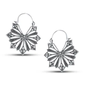 Vintage Geometric Beaded Flower Drop Hoop Earrings