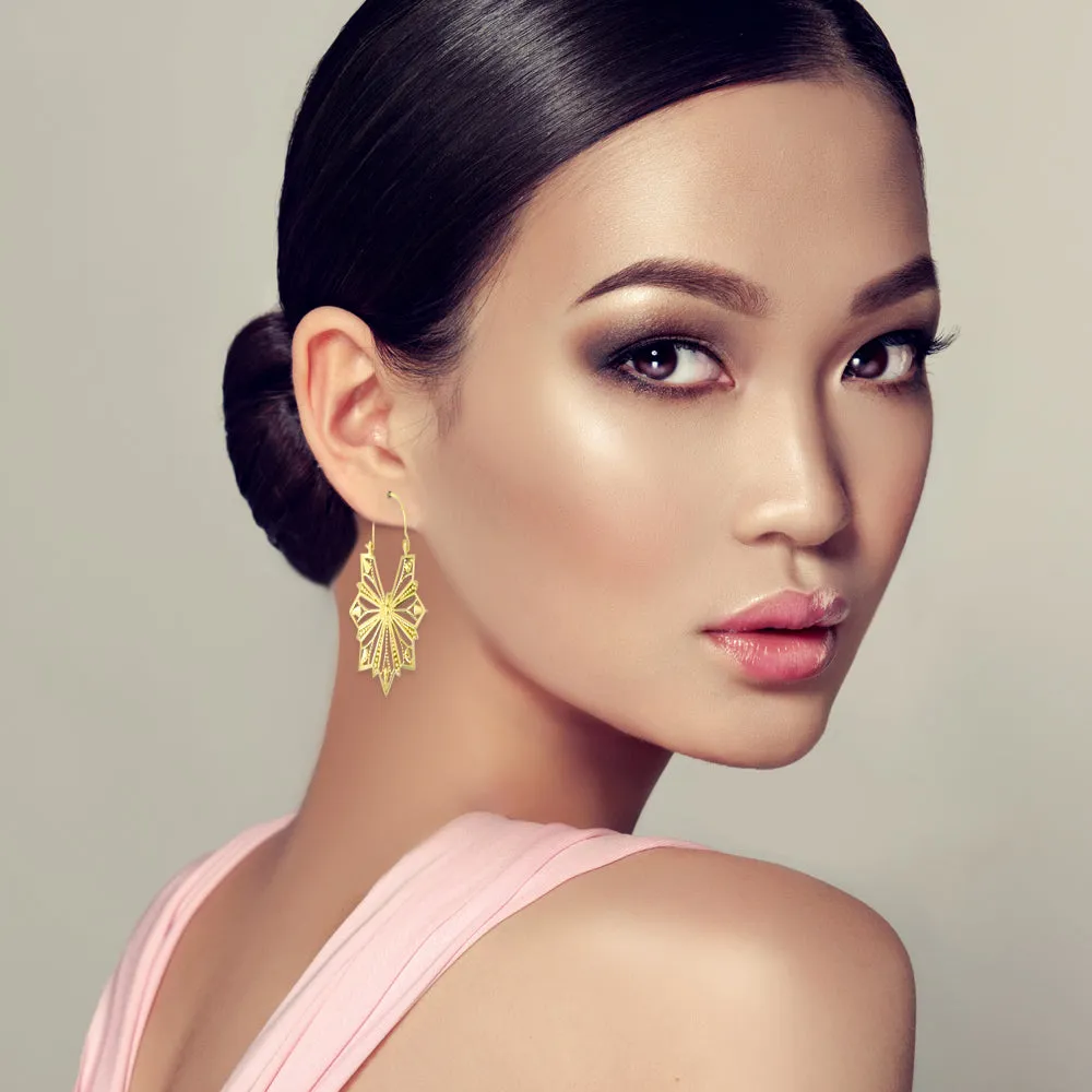 Vintage Geometric Beaded Flower Drop Hoop Earrings