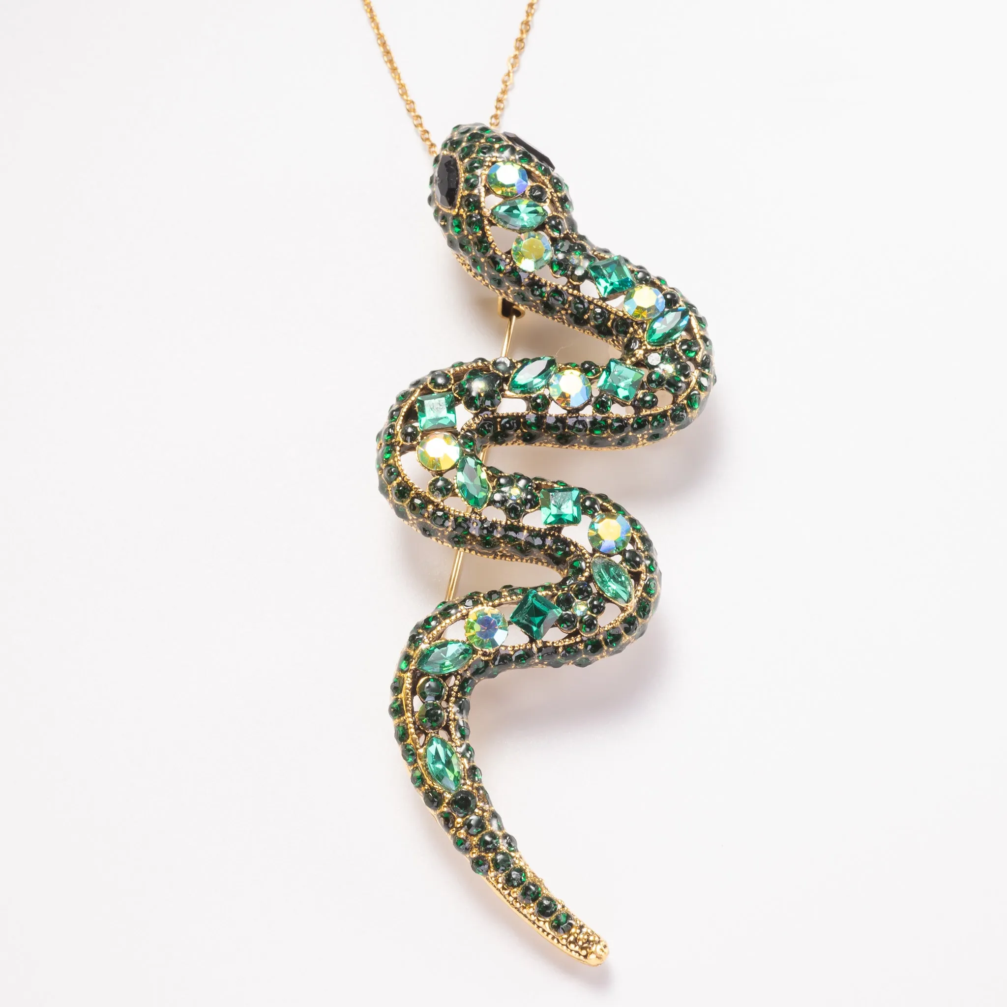 Vintage Green Enameled Snake Brooch Pin with crystals Jewelry and Pendant Necklace with Steel Chain