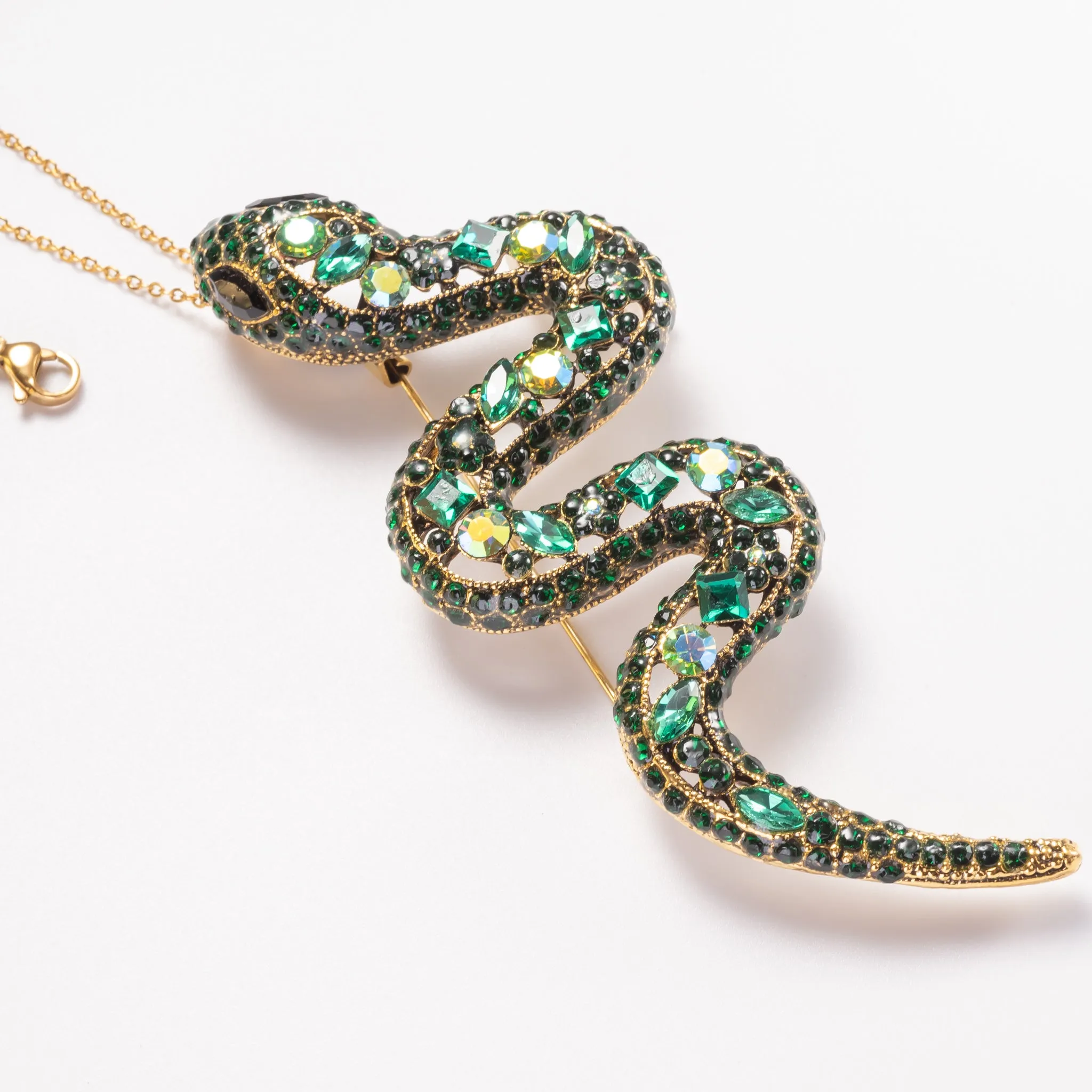 Vintage Green Enameled Snake Brooch Pin with crystals Jewelry and Pendant Necklace with Steel Chain