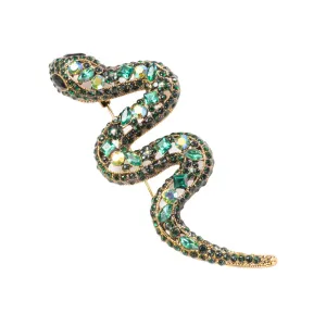 Vintage Green Enameled Snake Brooch Pin with crystals Jewelry and Pendant Necklace with Steel Chain