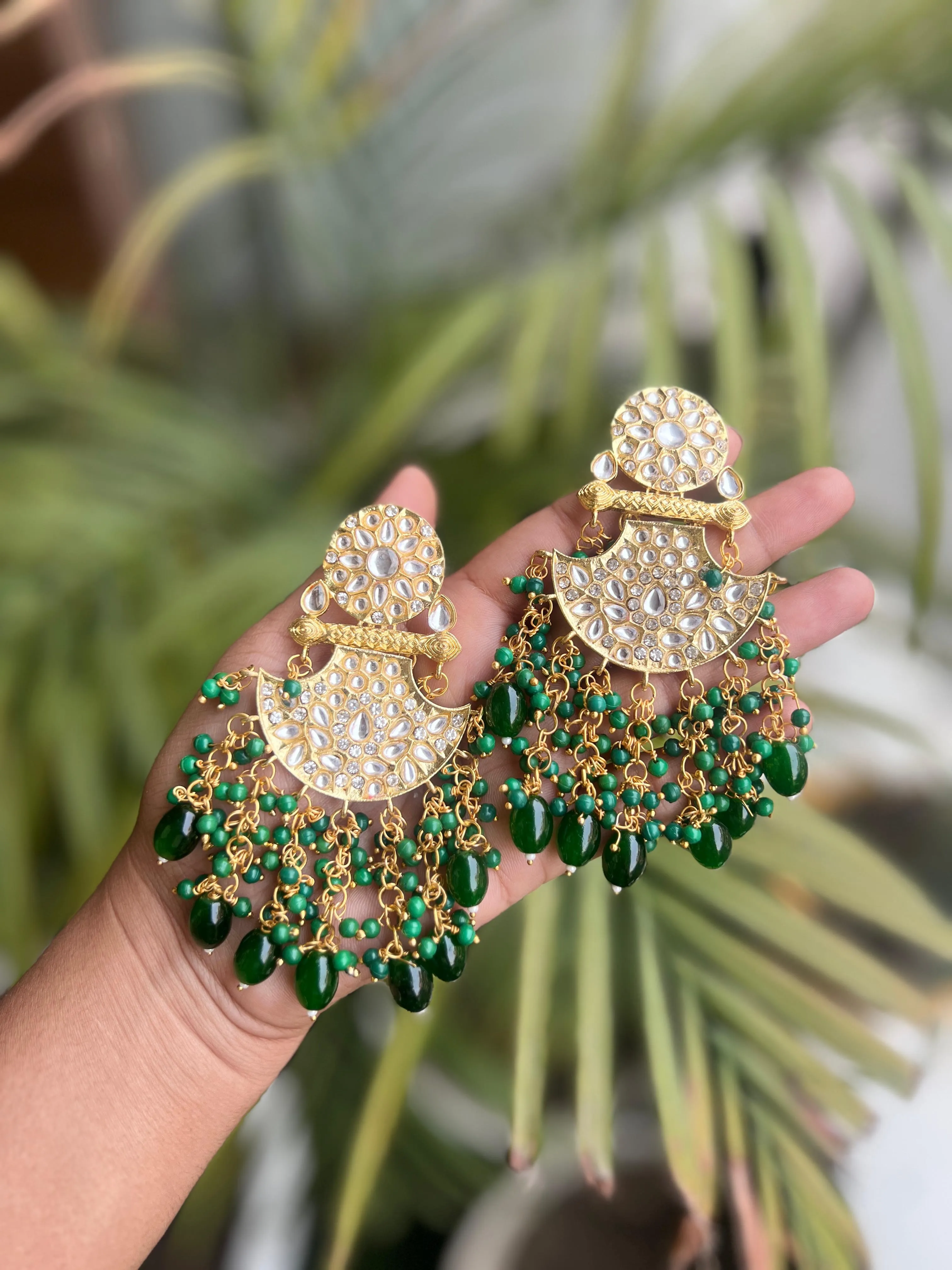 Vintage-Inspired Green Kundan Dangler Earrings: Perfect for Weddings and Festivals