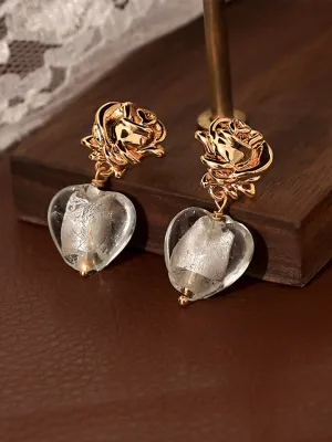 Vintage Luxurious Heart-shaped Rose Transparent Colored Glaze Earrings